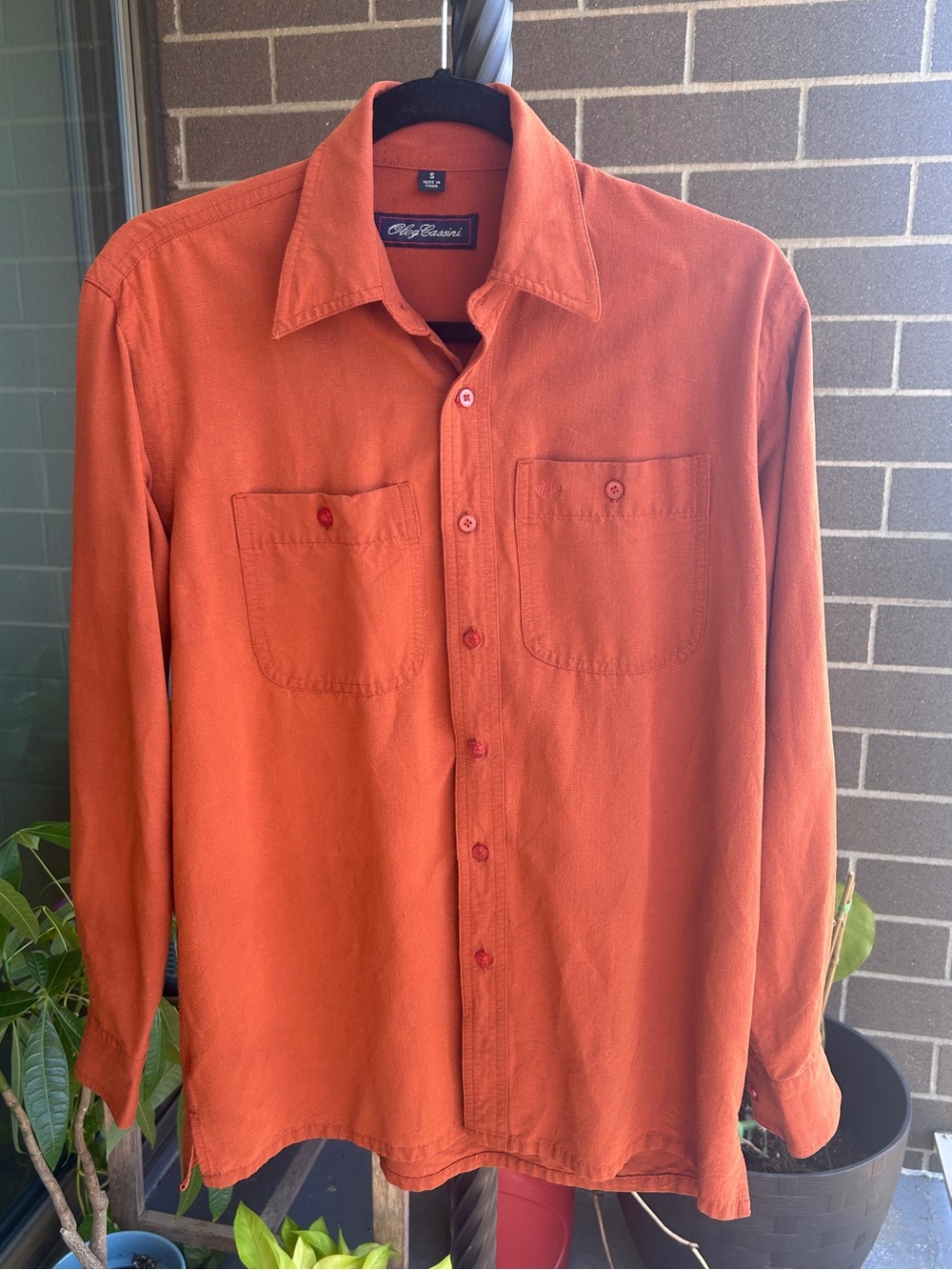 Oleg Cassini Men's Small Button-Down Shirt in Warm Rust Orange | Long Sleeve